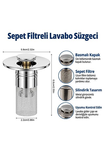 DEYHOME Push-Type Sink Drain Strainer with Basket Filter, Long Cylindrical Filter Sink Stopper, Hair and Debris Catcher Drain Filter
