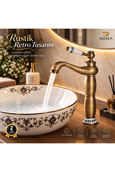 RENA DESIGN Rustik Antik Çanak Lavabo Bataryası Banyo Yüksek Musluk Eskitme P...