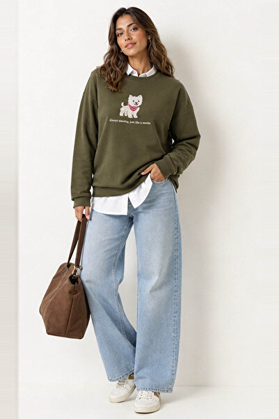 Fashion Friends Embroidered Khaki Women's Sweatshirt 26K0030K1