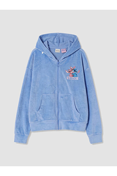 LC Waikiki Mavi Stitch Lisanslı Kız Çocuk Fermuarlı Polar Sweatshirt