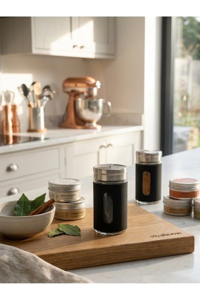 Viyahome Chefstar 4-Piece Glass Spice Jar Set - Salt and Pepper Shaker Set with Stainless Steel Lids and Window