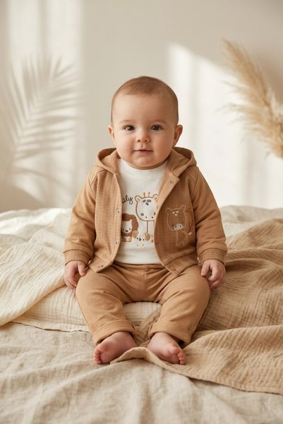 ANP MODA TASARIM Liva Bebek Brown 3-Piece Set - Hooded Ribbed Cardigan, Giraf...