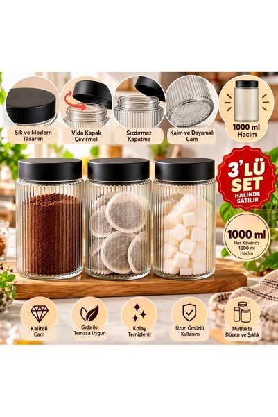 Aşkana yuvanıza aşkla... Set of 3 Striped Glass Jars with Black and Brown Lids – Tea Coffee Sugar Legumes Food Storage Jar Set