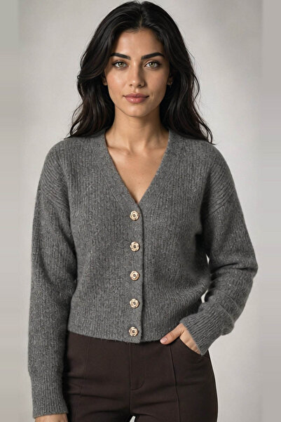 Fashion Friends V-Neck Buttoned Anthracite Women's Cardigan 26K0234K1
