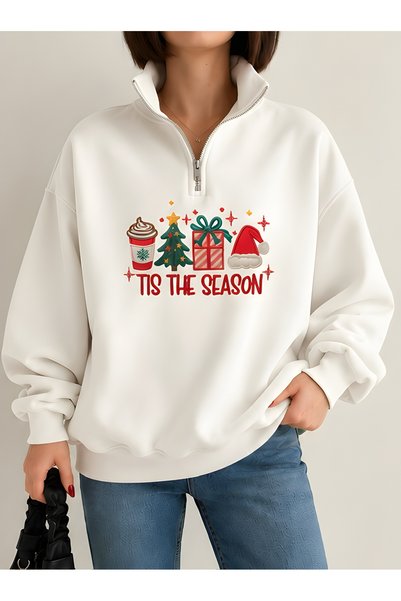 Risil-Nu Company New Season 3 Threaded Combed Cotton Half-Zipper Christmas Themed Sweatshirt