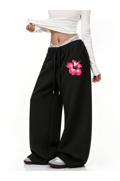 Urban Look Unisex Oversize Wide Leg Printed Black Sweatpants – Relaxed Fit Ca...