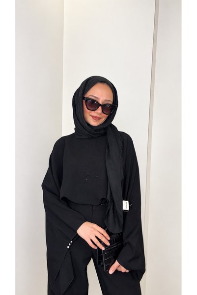 PRLYA SİYAH TAŞLI PELERİN BLUZ MODAL