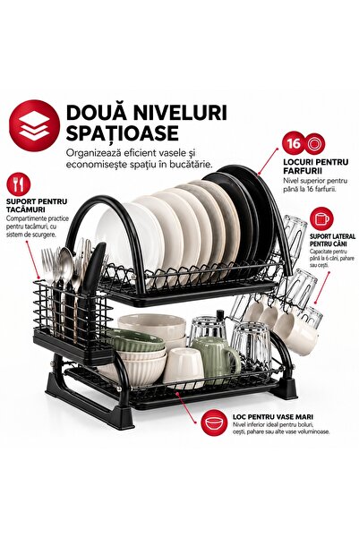 Ruhhy Scurgator de vase cu două niveluri, 37 x 53 x 25 cm, fier și PP, 16 farfurii, suport pahare și tacâmuri, Negru