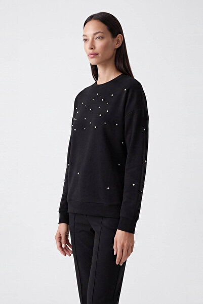 Fashion Friends Printed Stone Detailed Black Women's Sweatshirt 26K0151K1