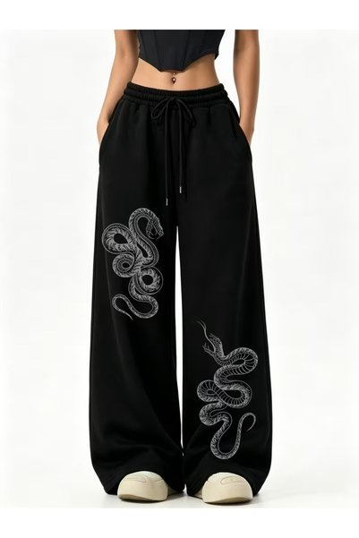 Urban Look Unisex Oversize Wide Leg Printed Black Sweatpants – Relaxed Fit Ca...