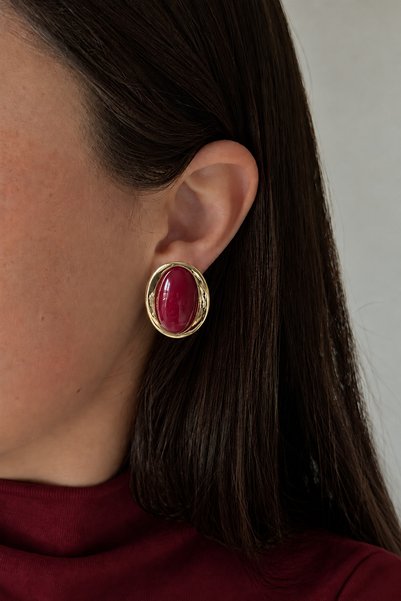 Genel Markalar Bordo Oval Taşlı Vintage Küpe – 14K Altın Kaplama