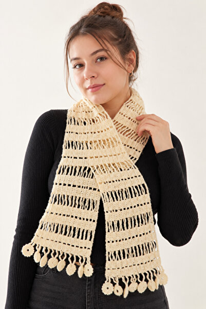 NEHOLİA Women's Hand Knitted Cream Scarf with Floral Detail, Openwork Knitted...