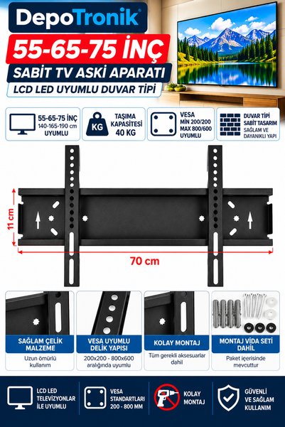 Genel Markalar 55-65-75 İnç Sabit TV Askı Aparatı Siyah 140-165-190 cm LCD LE...