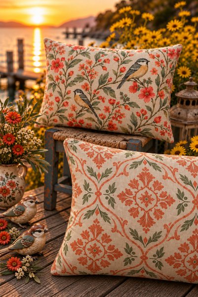 SasoHome Terracotta Melody Kuş & Kır Çiçekleri Desenli 2’li Dikdörtgen Dekoratif Kırlent Kılıfı Seti | Vintage Botanik Salon Dekoru