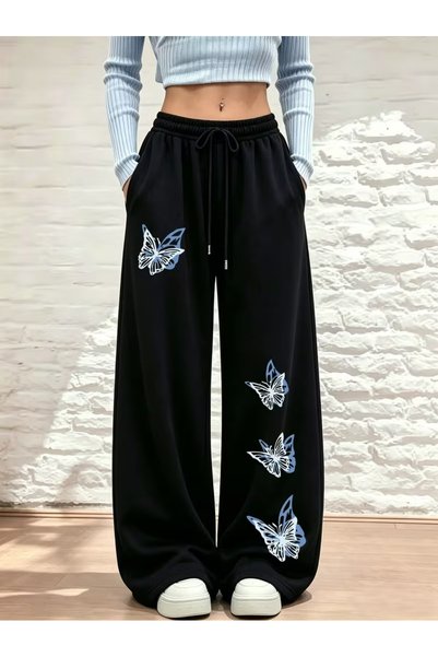 Urban Look Unisex Oversize Wide Leg Printed Black Sweatpants