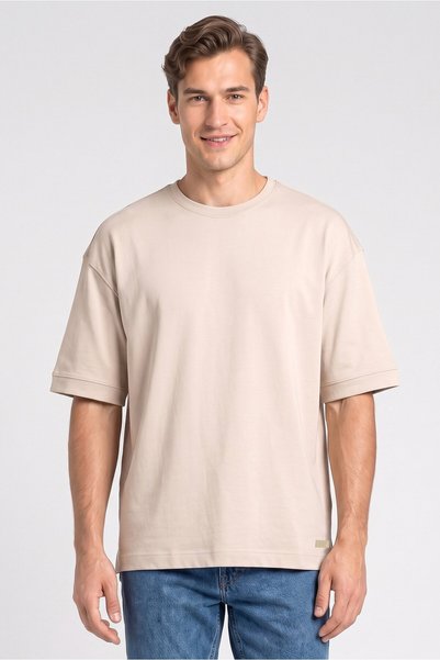 Common People Men Crew Neck Short Sleeve Solid T-Shirt, Beige