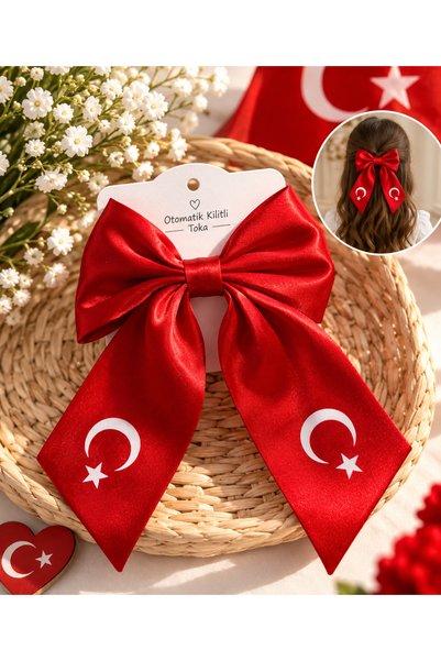 ALLYA MİNİ DRESS Ay Yıldızlı Saten Kumaşlı Fiyonk Model Otomatik Kilitli Bayr...
