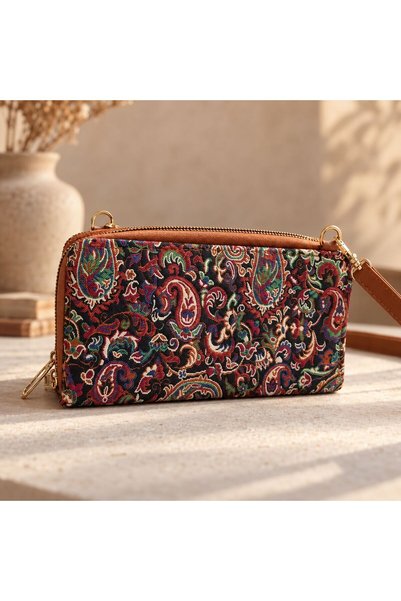 BIJUTERI Cnt-6029 Tan Black Paisley Patterned Tapestry Crossbody Wallet Bag |   Eos Collective