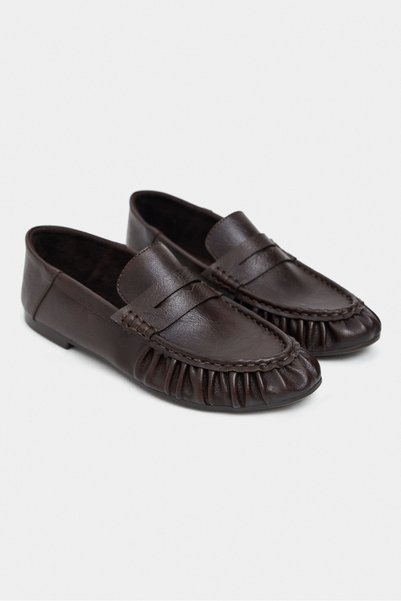 NİŞANTAŞI SHOES Santa Kahve Matte Saraç Gathered Detail Flat Sole Women's Penny Loafer