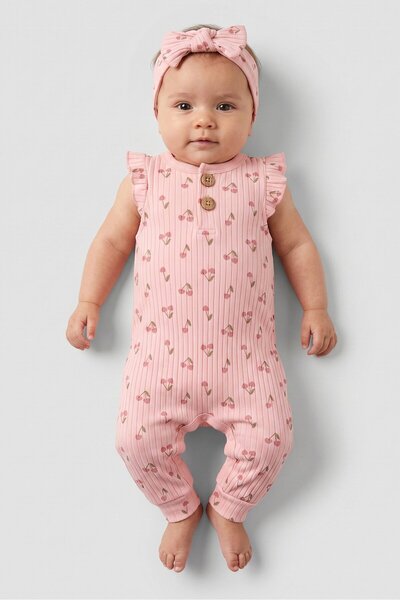 Willow + Whimsy بدلة للأطفال الصغار من البنات بطبعة الكرز وأكمام مكشكشة مع عص...