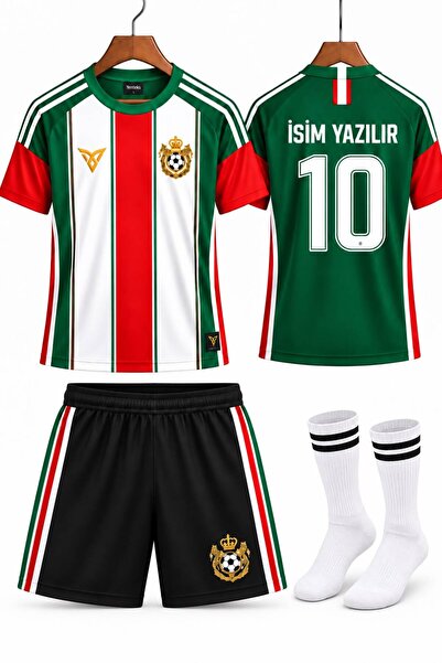 sonvadi İsim Yazılır Çocuk Futbol Forması Takımı Yeşil-Kırmızı 3 Parça Çorap ...