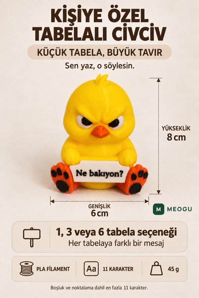 MEOGU Kişiye Özel Tabelalı Civciv Figürü – 6 Tabela, PLA 3D Baskı Dekor