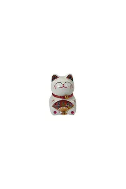 Generic Brand Lucky Cat Maneki Neko White, Decorative Figurine with Fan and Bell