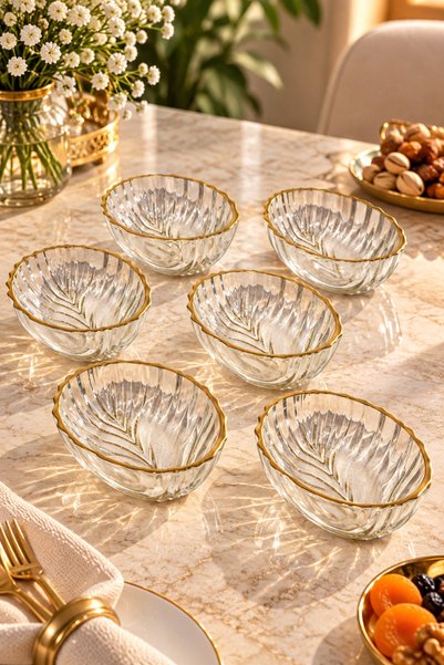 zaTen Pazar 6-Piece Glass Snack Bowl with Fish Back Design, Gold Gilded Bowl, 190 ml