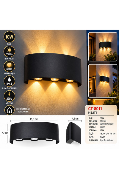 10W LED Duvar Apliği 3200K Amber Işık IP44 Siyah Modern Dekoratif İç Dış Mekan Aydınlatma CT-8011 Haiti