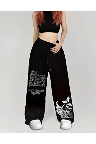 JANTIL MODA 3 Threaded High Waist Lettering and Skull Print Unisex Black Swea...