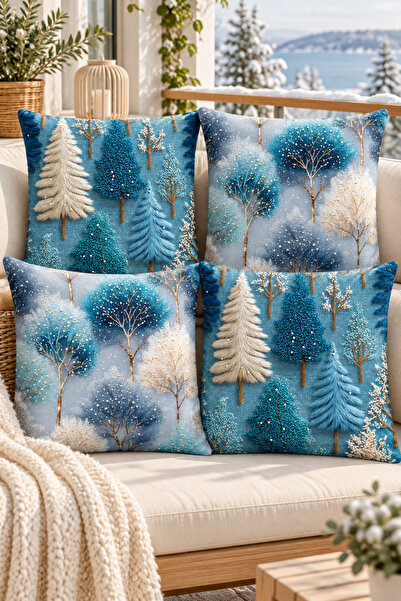 stellahomes Blue Winter Forest Pine Trees Patterned Decorative Throw Pillow C...