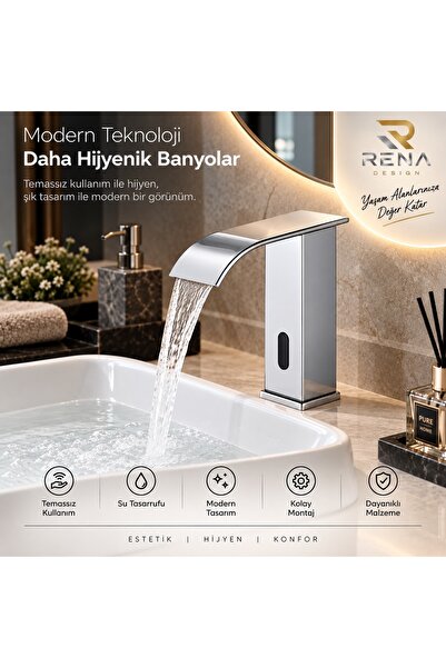 RENA DESIGN FOTOSELLİ SENSÖRLÜ KROM KARE LAVABO BATARYASI TEMASSIZ OTOMATIK T...