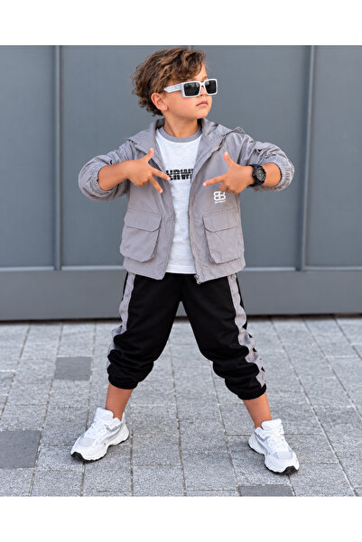 KOKOŞ BEBEK Boy's Hooded Parachute 3-Piece Set Jacket T-Shirt Sweatpants - Ag...