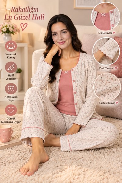 Genel Markalar Kadın 3’lü Pijama Takımı Pamuklu Penye Çiçek Desenli Düğmeli U...