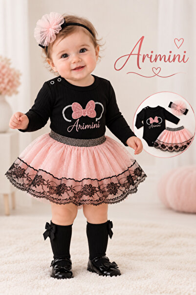 Arı Bebe Kız Bebek Siyah Body Pudra Tütü Etek ve Saç Bantlı 3’lü Takım.