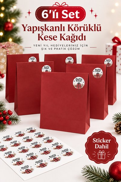 ASL ArtPaper 6’li Yılbaşı Yapışkanlı Körüklü Kese Kağıdı 28x22x8 cm Kırmızı S...