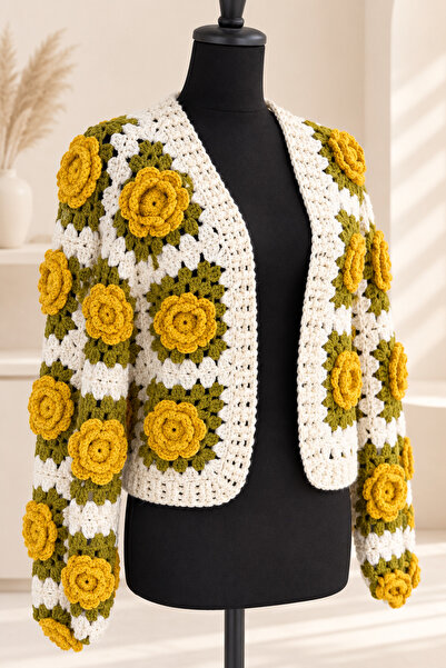 Barzey crafts Rose Motif Hand Knitted Women's Cardigan