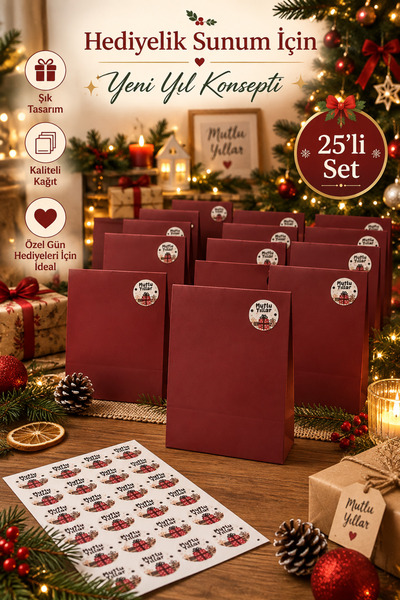 ASL ArtPaper 25’li Yılbaşı Yapışkanlı Körüklü Kese Kağıdı 28x22x8 cm Kırmızı Stickerlı Hediyelik Poşet Seti