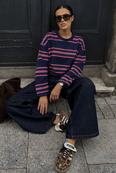 SİNEMCEBECİ Kadın Lacivert Bordo Beyaz Çizgili Bisiklet Yaka Oversize Sweatshirt