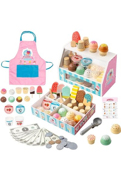Soofam Wooden Ice Cream Play Set for Toddlers 3-5, 33Pcs Pretend Play Food To...