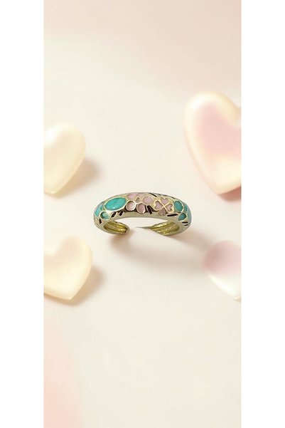 ahsenaksesuar2025 Colorful Flower Motif Aqua Enamel Adjustable Steel Ring - A...