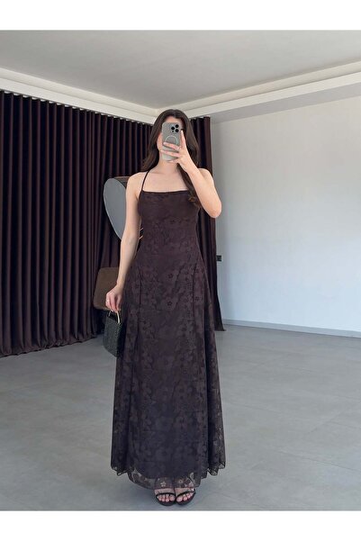 Balbe Fashion Acı Kahve Dantel Detaylı Maxi Elbise