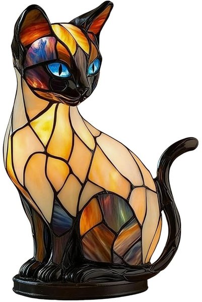 TERRIFI Cat Light, Stained Pattern Glass Cat Lamp, Vintage Animal Lamps for Cat Lovers, Stained Pattern Resi