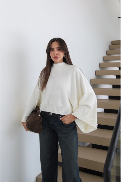 Havoş Ecru Arden Pullover mit Fledermausärmeln und Rippenmuster