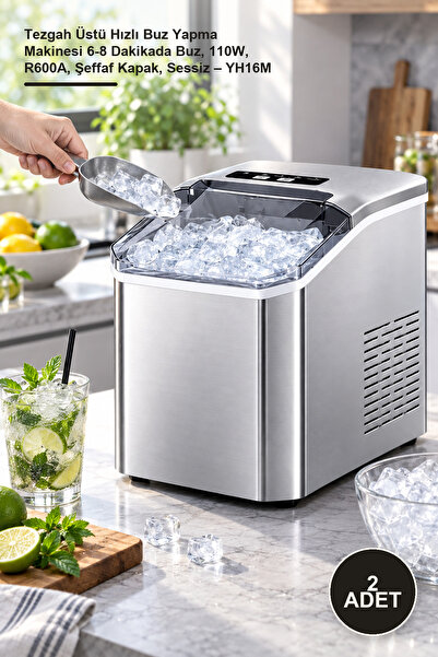 Yenilig 2 Adet Tezgah Üstü Hızlı Buz Yapma Makinesi 6-8 Dakikada Buz, 110W, R600A, Şeffaf Kapak, Sessiz – YH16M