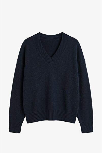 Havoş Marineblauer Lorenza-Pullover aus hochwertiger Wollmischung mit V-Aussc...