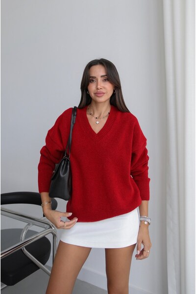 Havoş Roter Lorenza-Pullover aus Wollmischung mit V-Ausschnitt in Premium-Qua...