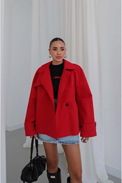Havoş Roter Trenchcoat mit Kragen und detailliertem Streifendesign