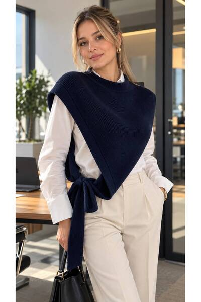 FELLMENS Navy Blue Knitwear Asymmetrical Women's Shoulder Shawl with Neck Loop