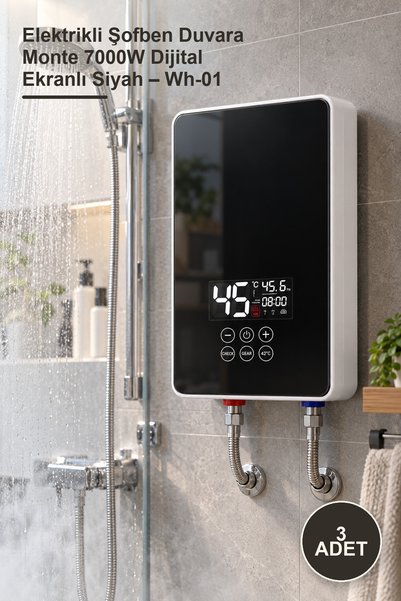Yenilig 3 Adet Elektrikli Şofben Duvara Monte 7000W Dijital Ekranlı Siyah – Wh-01